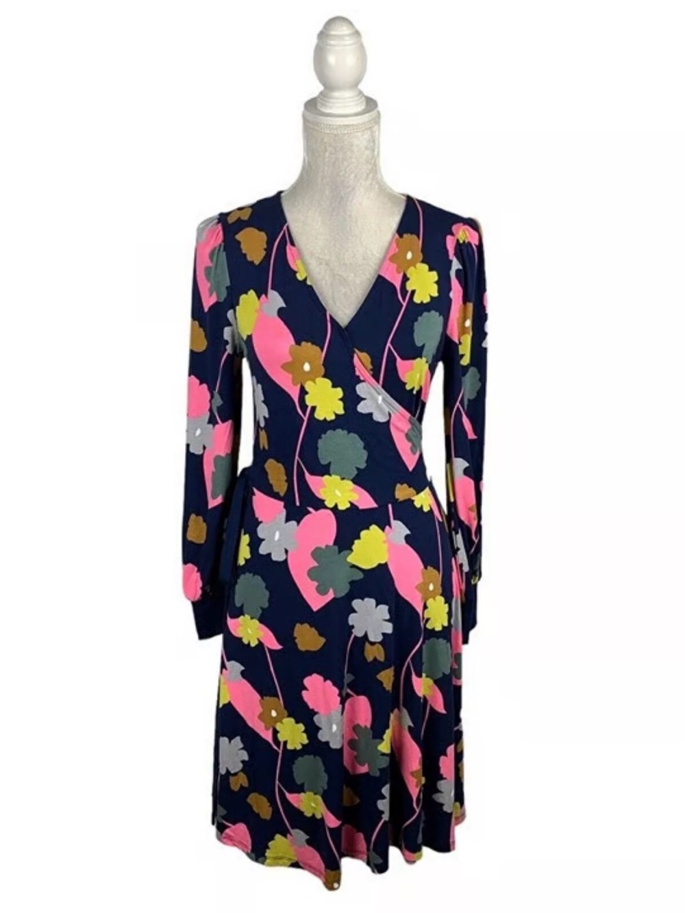 Boden Navy Floral Wrap Dress with Pink & Yellow Blooms size 6 - Picture 2 of 8